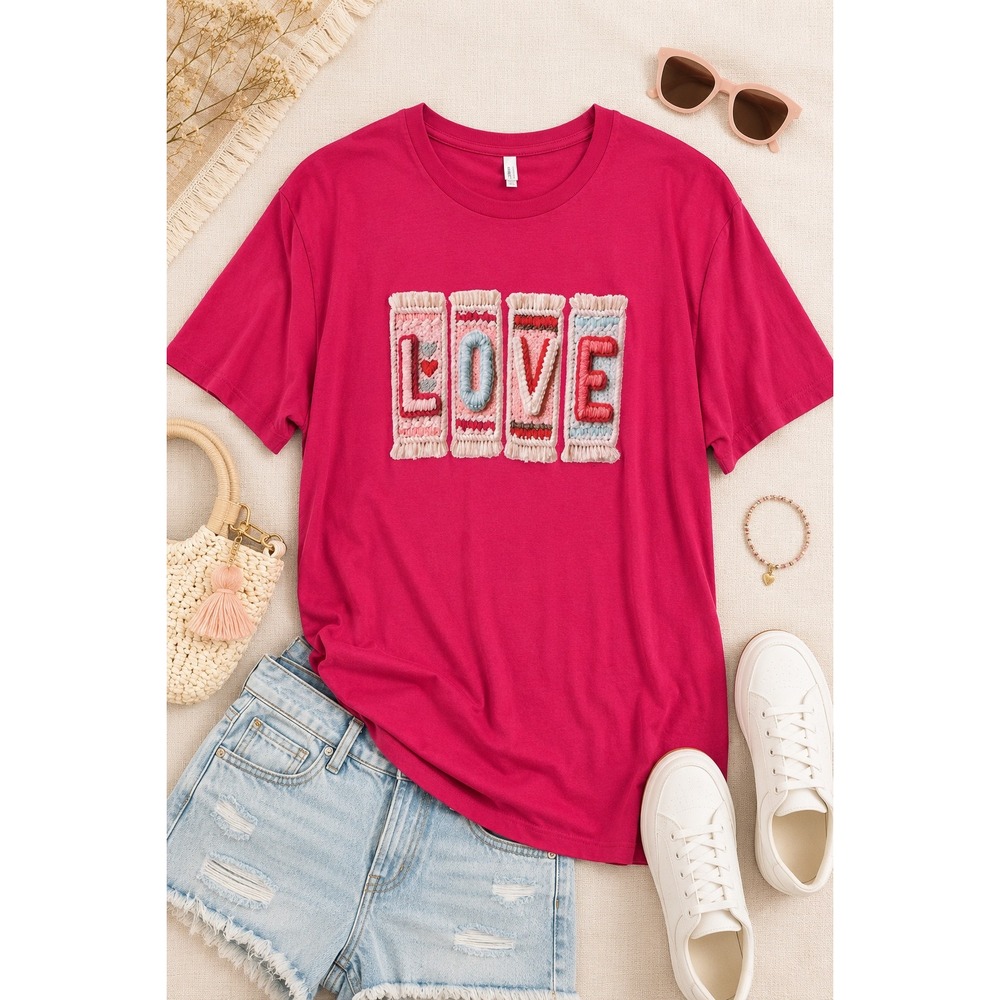 NEW Bella Canvas Women 2XL Raspberry Pink LOVE Crochet Patch Graphic Tee T-Shirt